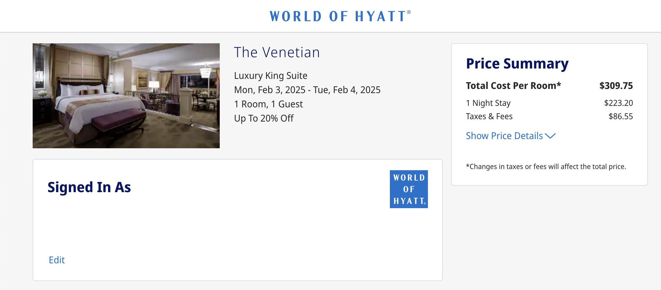World of Hyatt Venetian Cash booking